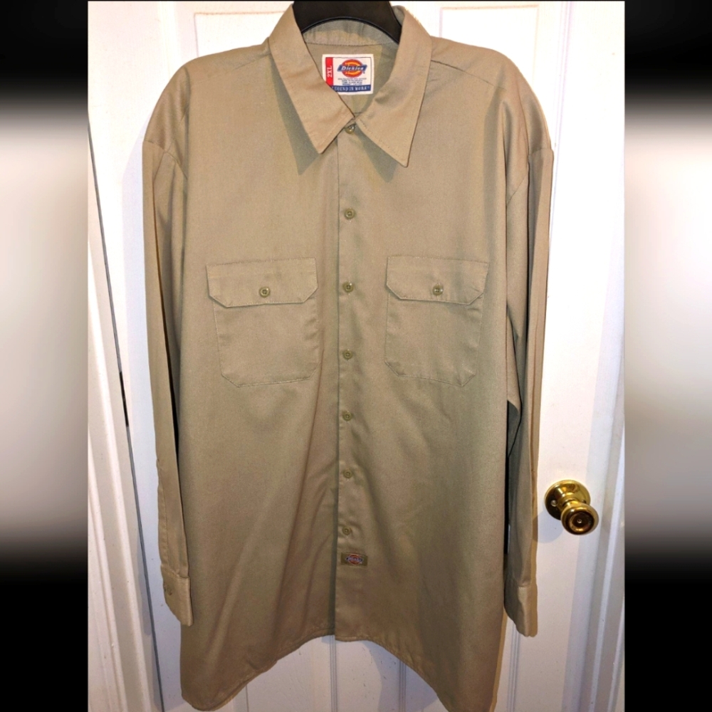 Dickies 574 Men's 2XL Khaki Long Sleeve Twill Work Shirt Button Up Pockets